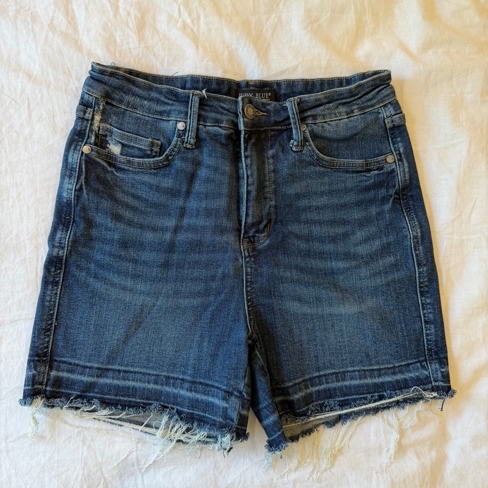 JUDY BLUE High Waist Destroyed Raw Hem Denim Shorts Size L Blue